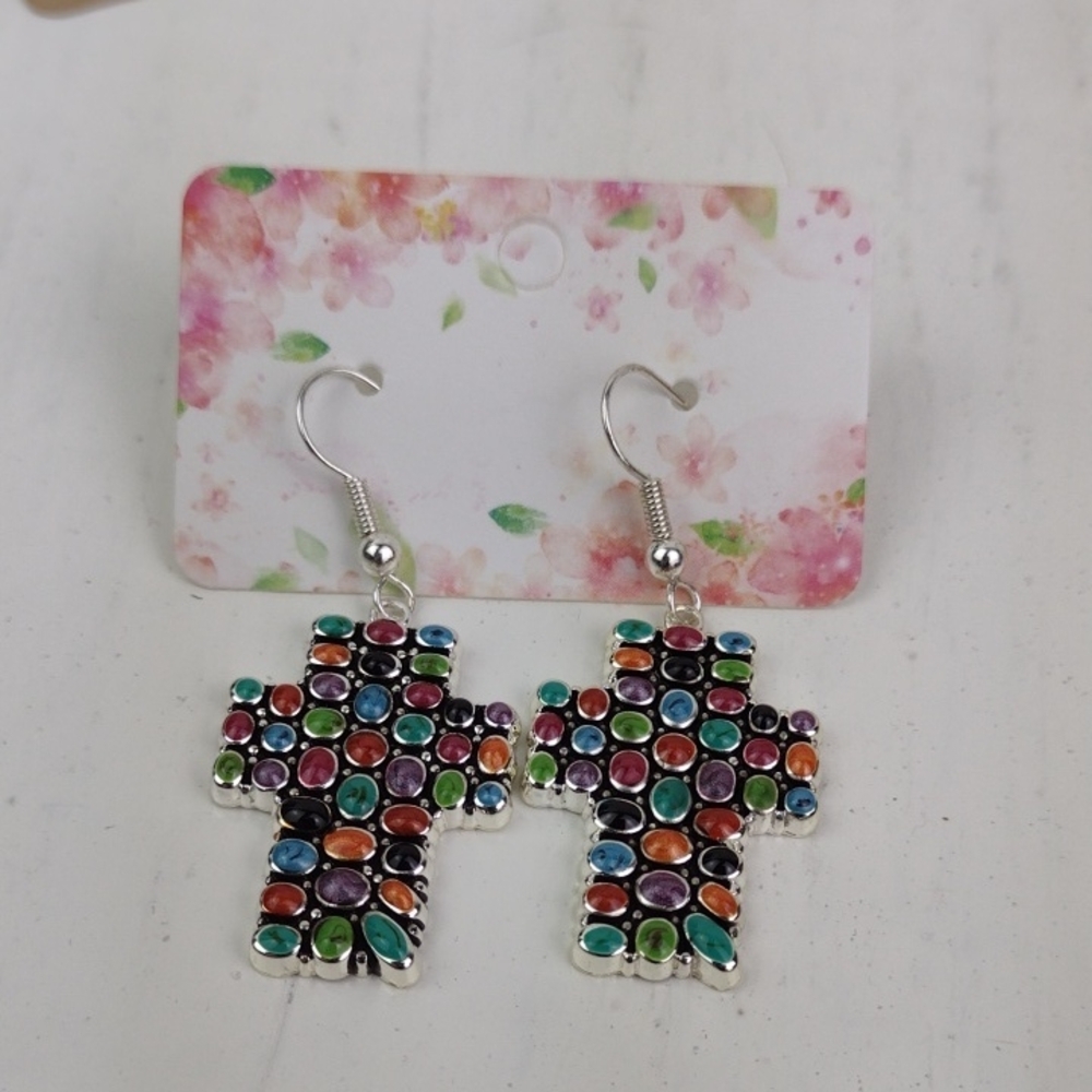 Multicolor Stone Silver Cross Drop Earrings - Women Jewelry
